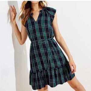 LOFT Plaid Sleeveless Dress, Lined, Split-Neck, Ruffle Hem, Green/Navy, size 14P